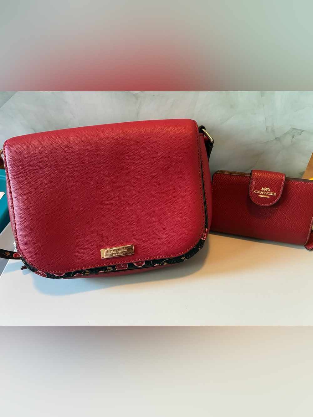 Kate Spade Red Textured Crossbody Bag with Floral Trim and Coach Wallet!